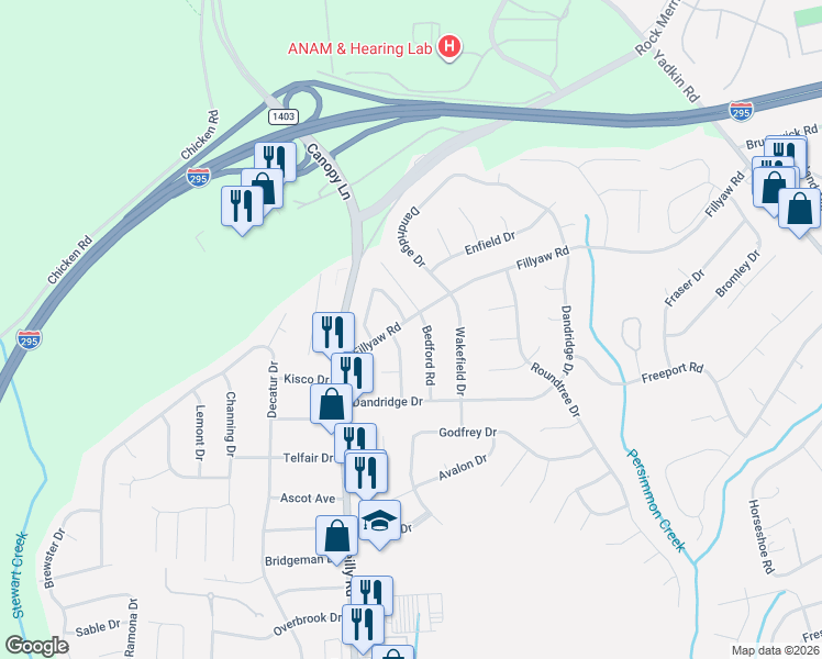map of restaurants, bars, coffee shops, grocery stores, and more near 631 Bedford Road in Fayetteville