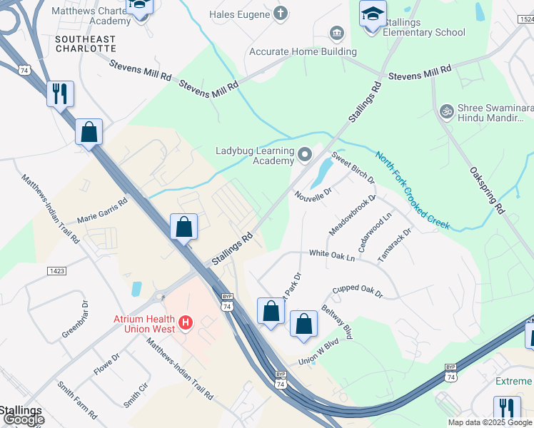 map of restaurants, bars, coffee shops, grocery stores, and more near 2025 Stallings Road in Stallings