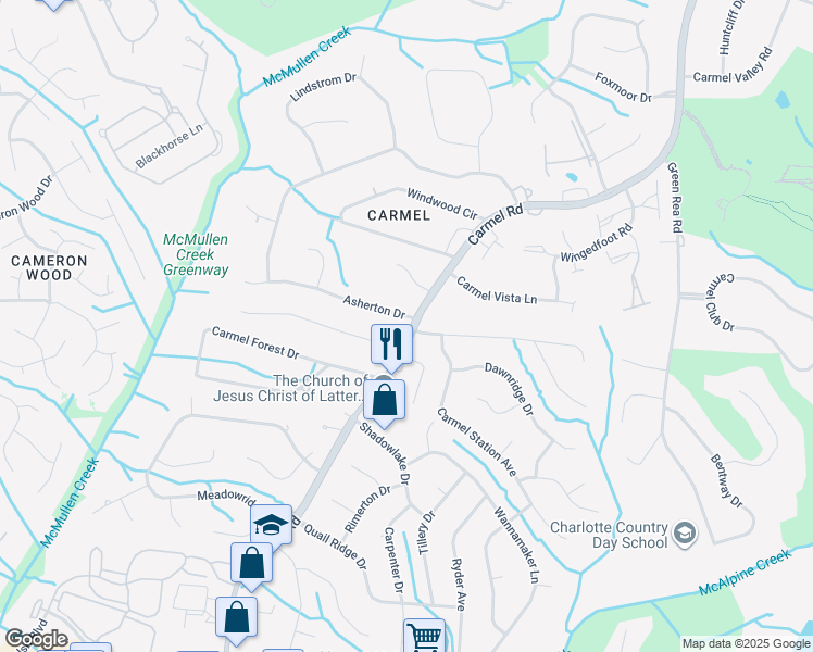 map of restaurants, bars, coffee shops, grocery stores, and more near 5600 Carmel Road in Charlotte