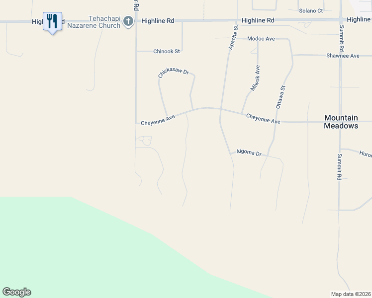 map of restaurants, bars, coffee shops, grocery stores, and more near Siskiyou Drive in Tehachapi
