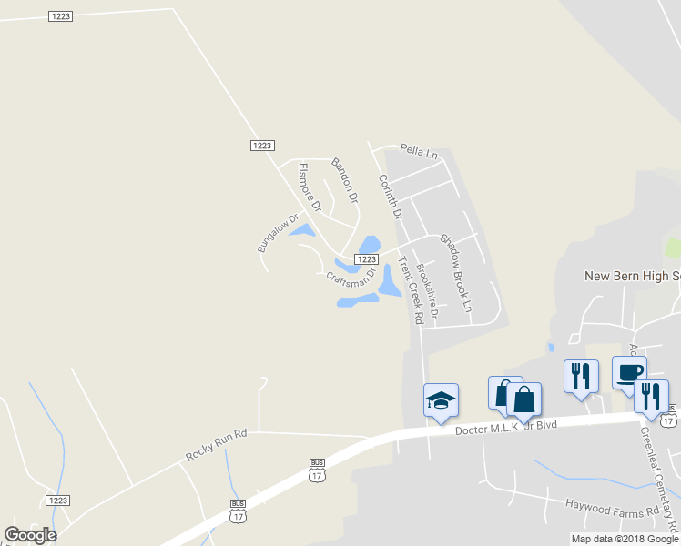 map of restaurants, bars, coffee shops, grocery stores, and more near 116 Craftsman Drive in New Bern