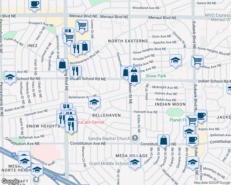 map of restaurants, bars, coffee shops, grocery stores, and more near 9105 Haines Avenue Northeast in Albuquerque