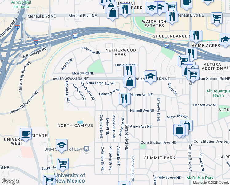 map of restaurants, bars, coffee shops, grocery stores, and more near 1440 Vassar Drive Northeast in Albuquerque
