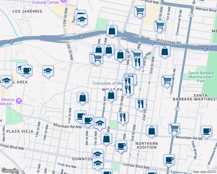 map of restaurants, bars, coffee shops, grocery stores, and more near 600 Bellamah Avenue Northwest in Albuquerque