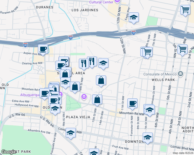 map of restaurants, bars, coffee shops, grocery stores, and more near 1406 15th Street Northwest in Albuquerque