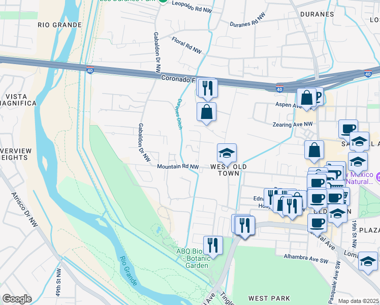 map of restaurants, bars, coffee shops, grocery stores, and more near 2821 Mountain Road Northwest in Albuquerque