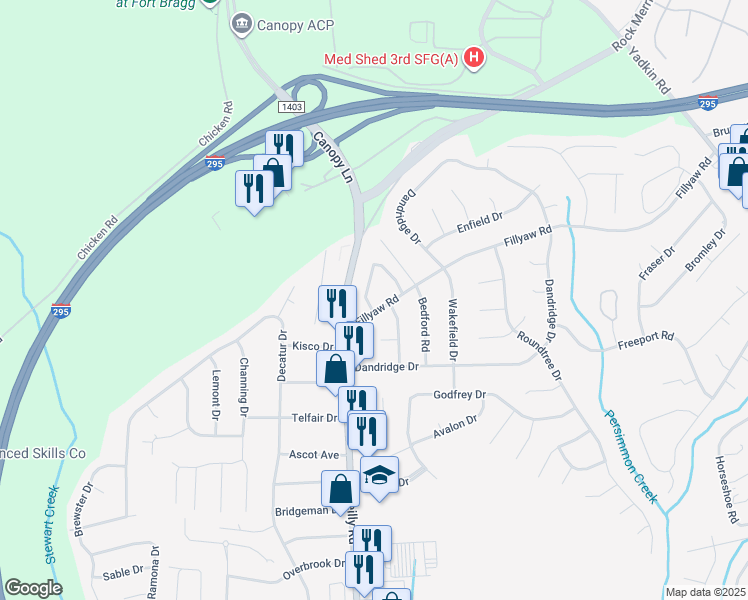 map of restaurants, bars, coffee shops, grocery stores, and more near 7205 Fillyaw Road in Fayetteville