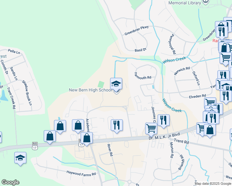 map of restaurants, bars, coffee shops, grocery stores, and more near 4200 Academic Drive in New Bern
