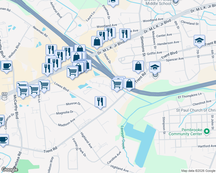 map of restaurants, bars, coffee shops, grocery stores, and more near 2804 Currituck Court in New Bern