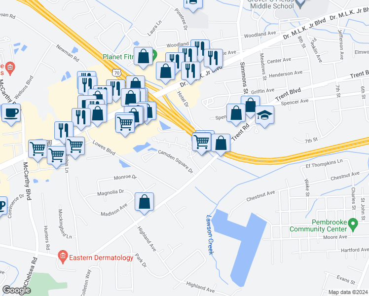 map of restaurants, bars, coffee shops, grocery stores, and more near 2801 Currituck Court in New Bern