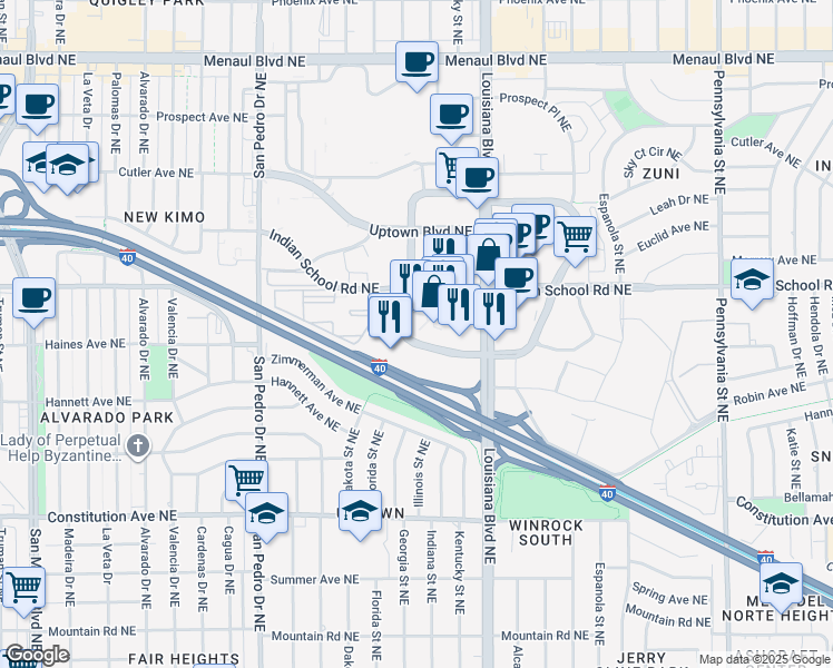 map of restaurants, bars, coffee shops, grocery stores, and more near 6501 Americas Parkway in Albuquerque