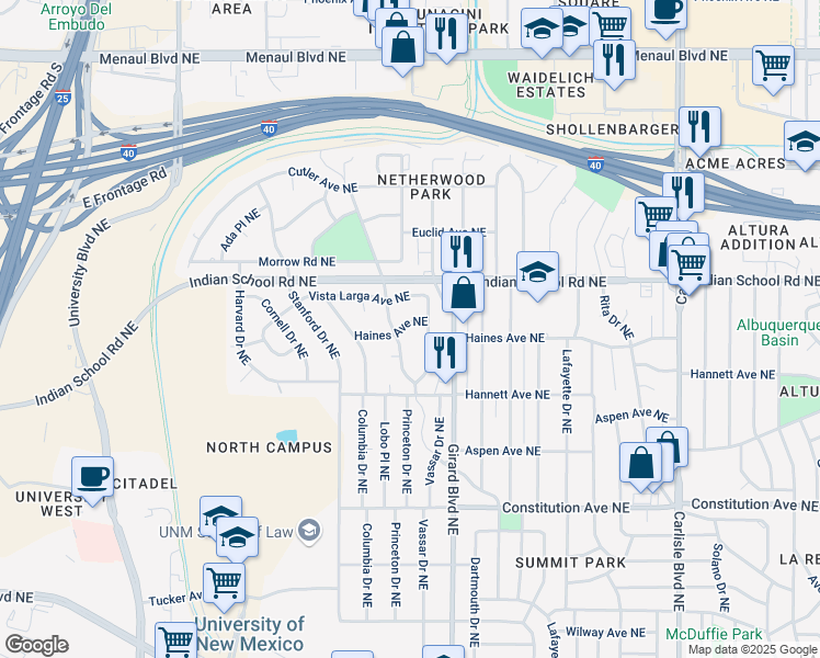 map of restaurants, bars, coffee shops, grocery stores, and more near 1440 Vassar Drive Northeast in Albuquerque
