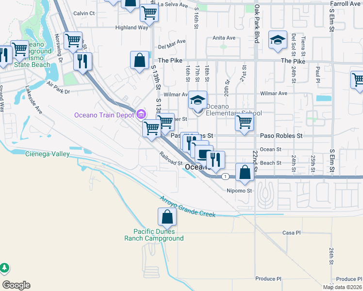map of restaurants, bars, coffee shops, grocery stores, and more near 1515 Ocean Street in Oceano