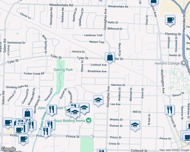 map of restaurants, bars, coffee shops, grocery stores, and more near 2202 Arkansas Avenue in Conway
