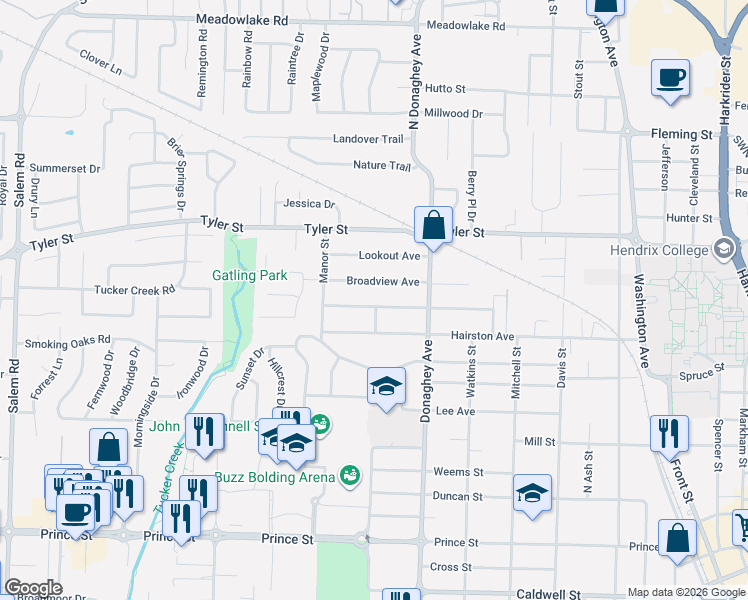 map of restaurants, bars, coffee shops, grocery stores, and more near 2202 Arkansas Avenue in Conway
