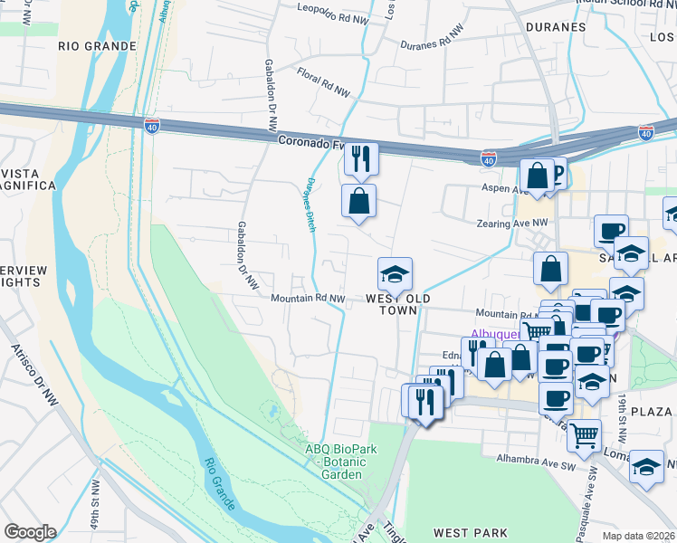 map of restaurants, bars, coffee shops, grocery stores, and more near 2821 Mountain Road Northwest in Albuquerque