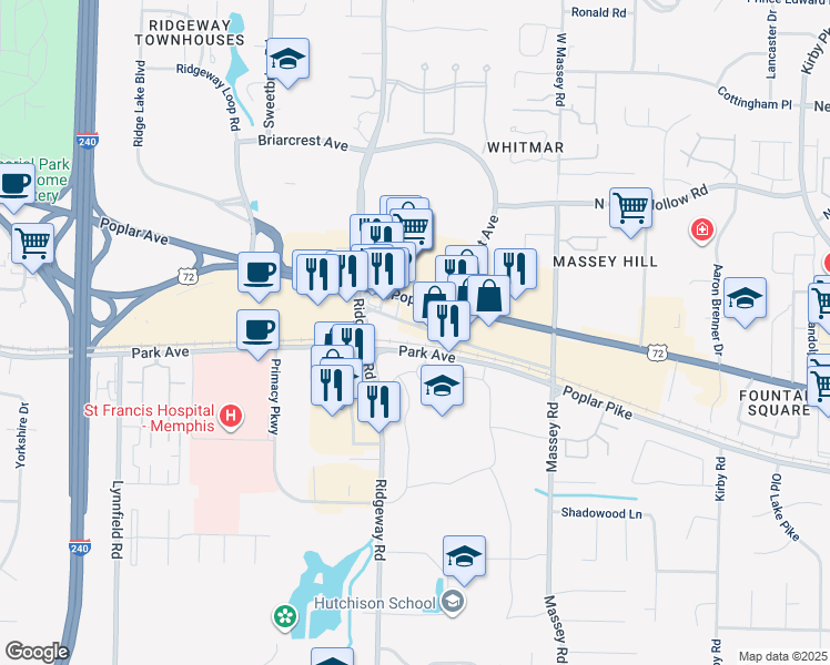 map of restaurants, bars, coffee shops, grocery stores, and more near 7 Old Poplar Pike in Memphis