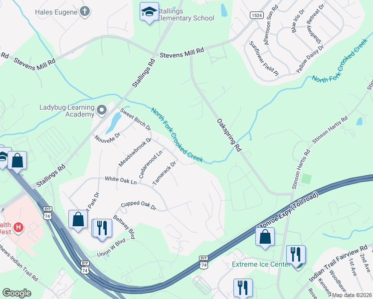 map of restaurants, bars, coffee shops, grocery stores, and more near 515 Meadowbrook Drive in Matthews