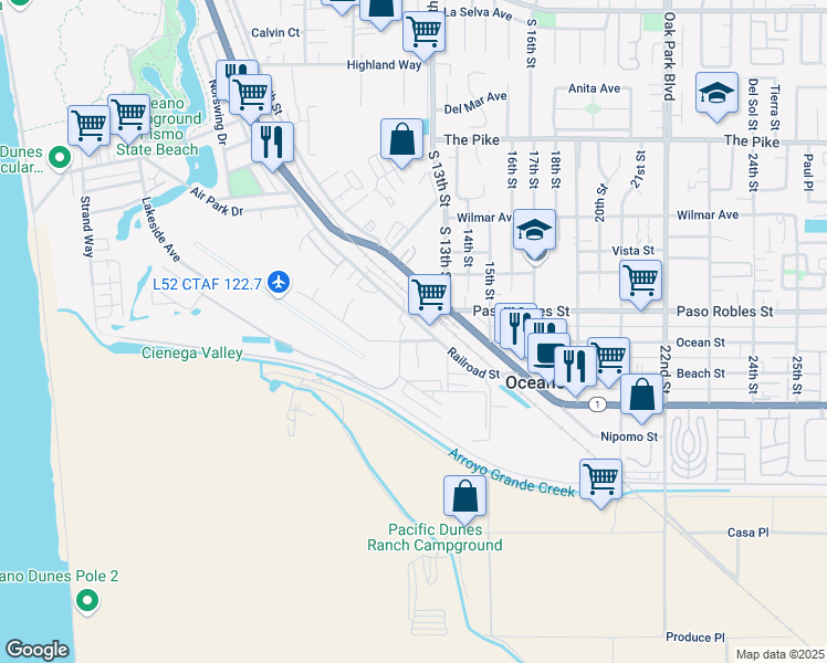 map of restaurants, bars, coffee shops, grocery stores, and more near 1731 Railroad Street in Oceano