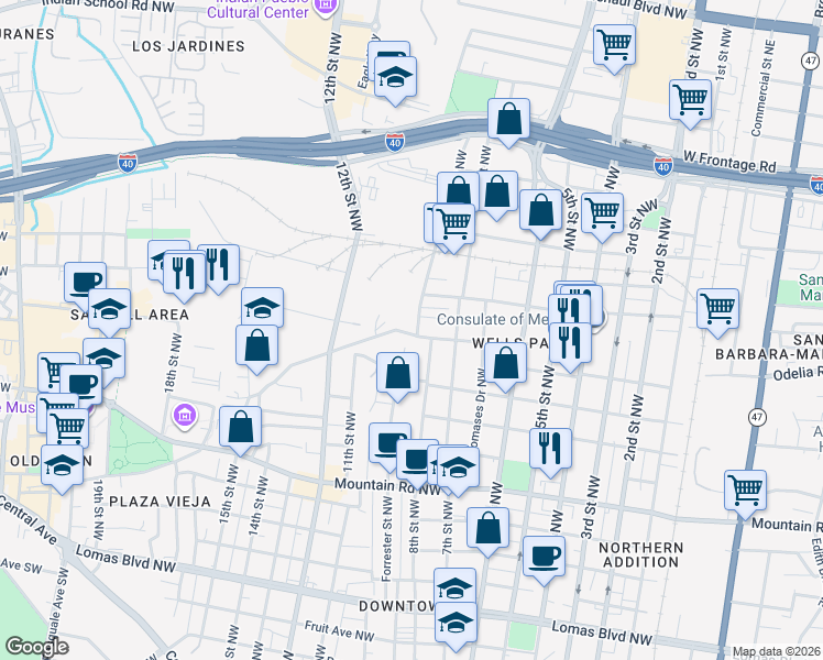 map of restaurants, bars, coffee shops, grocery stores, and more near 1605 8th Street Northwest in Albuquerque