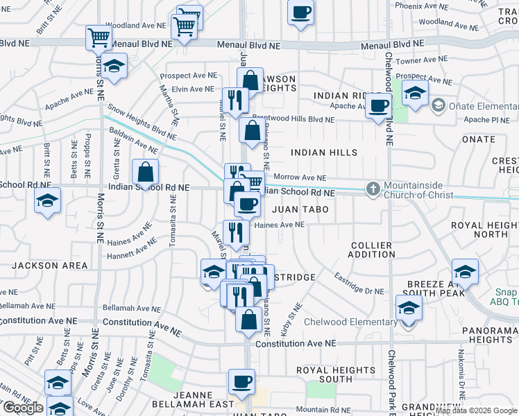 map of restaurants, bars, coffee shops, grocery stores, and more near 1706 Juan Tabo Boulevard Northeast in Albuquerque