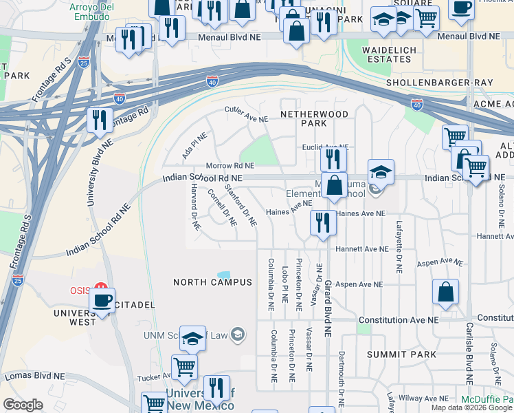 map of restaurants, bars, coffee shops, grocery stores, and more near 1441 Columbia Drive Northeast in Albuquerque