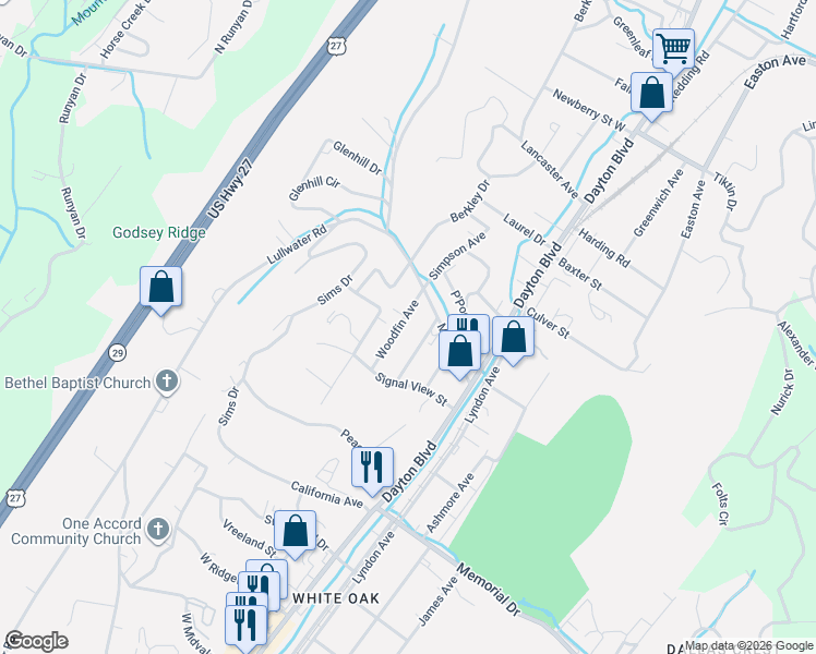 map of restaurants, bars, coffee shops, grocery stores, and more near 2514 Woodfin Avenue in Chattanooga