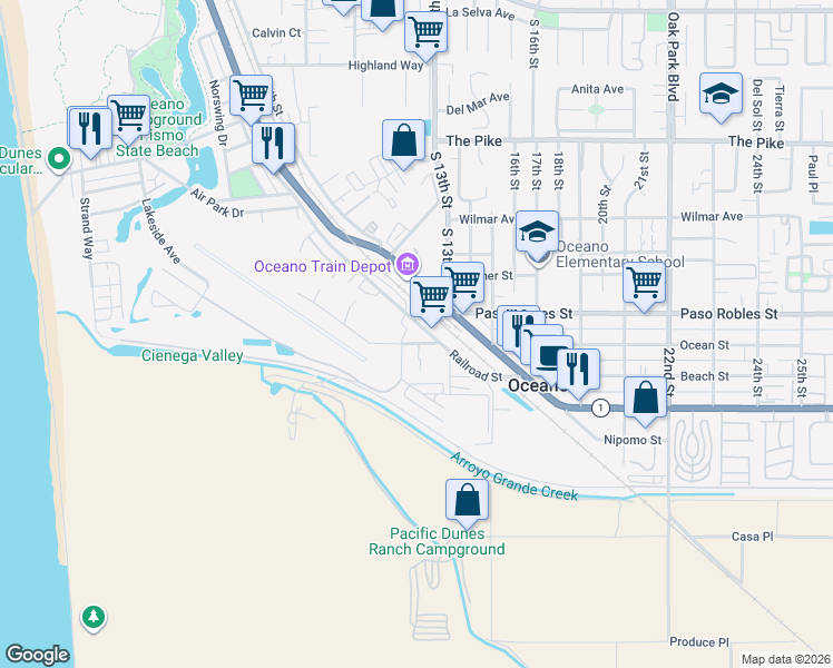 map of restaurants, bars, coffee shops, grocery stores, and more near 1730 Railroad Street in Oceano
