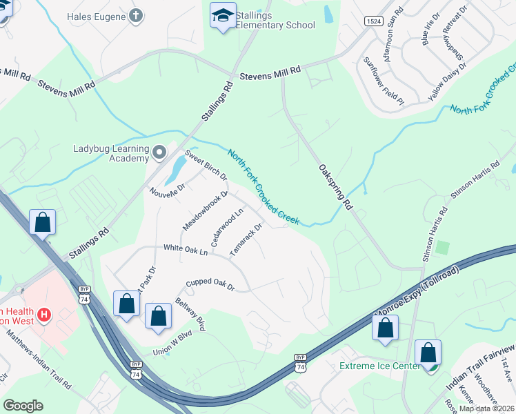map of restaurants, bars, coffee shops, grocery stores, and more near 515 Meadowbrook Drive in Matthews