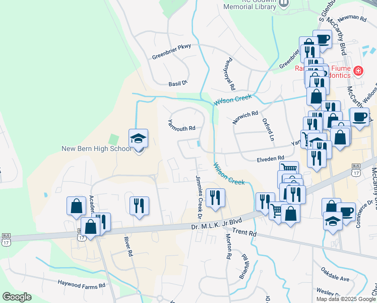 map of restaurants, bars, coffee shops, grocery stores, and more near 810 Pecan Court in New Bern