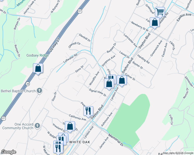 map of restaurants, bars, coffee shops, grocery stores, and more near 2514 Woodfin Avenue in Chattanooga