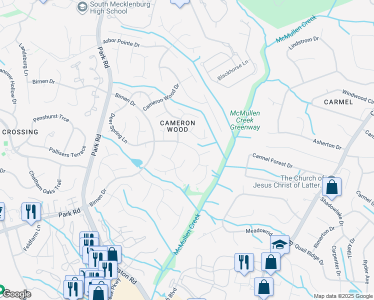 map of restaurants, bars, coffee shops, grocery stores, and more near 3210 Silver Pond Court in Charlotte