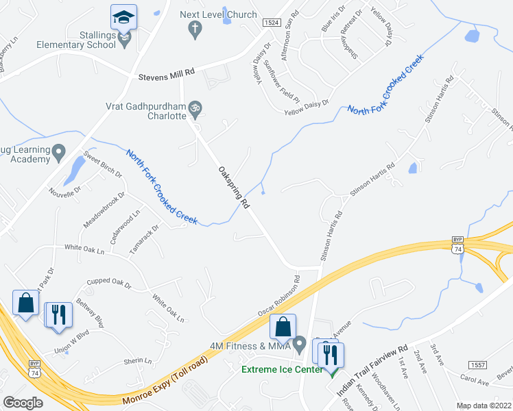 map of restaurants, bars, coffee shops, grocery stores, and more near 7216 Oakspring Road in Indian Trail