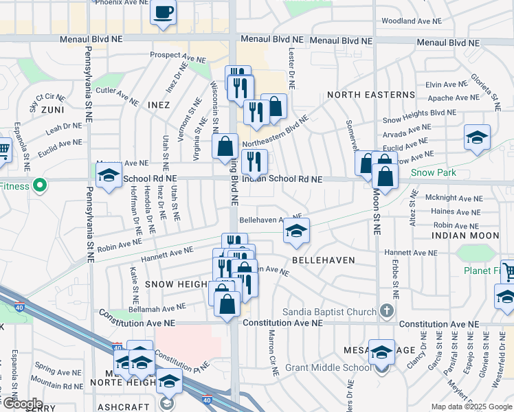 map of restaurants, bars, coffee shops, grocery stores, and more near Bellehaven Lane Northeast in Albuquerque