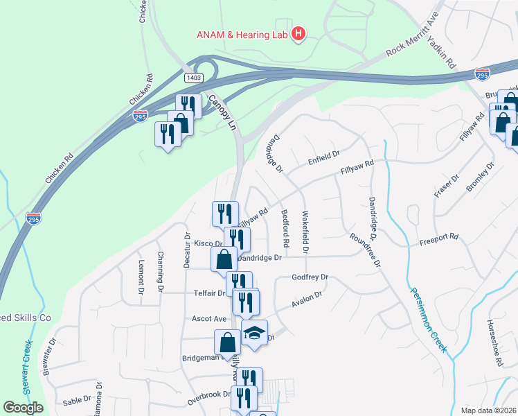 map of restaurants, bars, coffee shops, grocery stores, and more near 7205 Fillyaw Road in Fayetteville