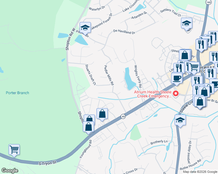 map of restaurants, bars, coffee shops, grocery stores, and more near 16156 Stuarts Draft Court in Charlotte