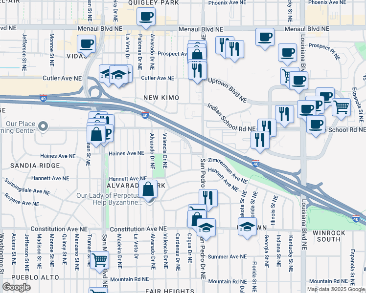 map of restaurants, bars, coffee shops, grocery stores, and more near 2026 Cardenas Drive Northeast in Albuquerque