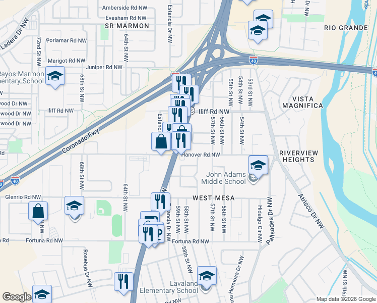 map of restaurants, bars, coffee shops, grocery stores, and more near 1215 Dolores Drive Northwest in Albuquerque