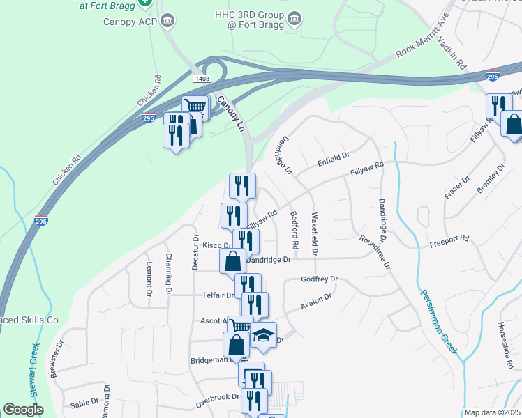 map of restaurants, bars, coffee shops, grocery stores, and more near 7205 Fillyaw Road in Fayetteville
