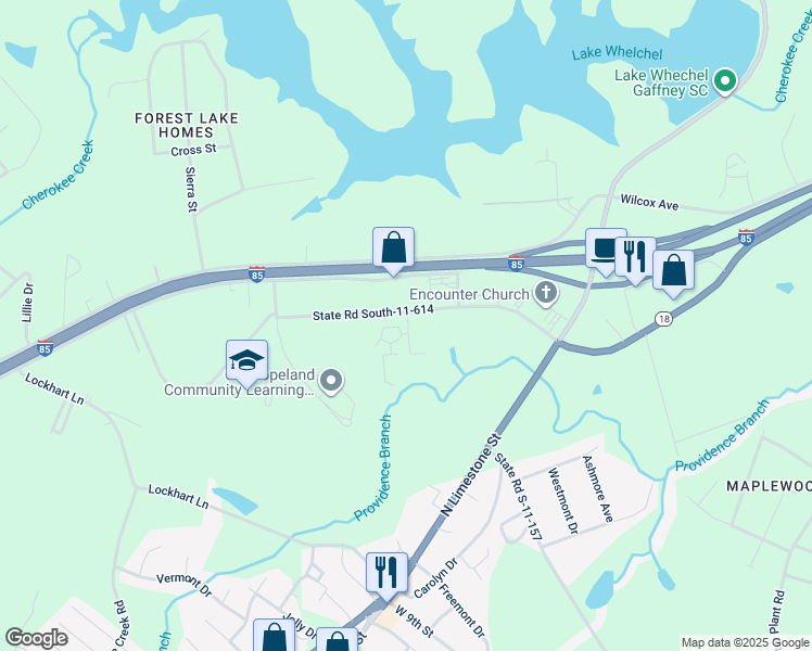 map of restaurants, bars, coffee shops, grocery stores, and more near 4 Martin Lane in Gaffney