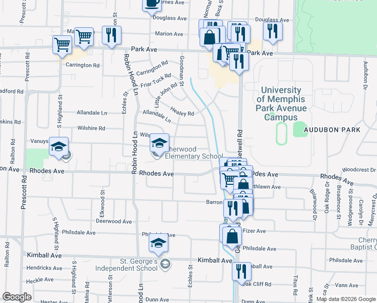 map of restaurants, bars, coffee shops, grocery stores, and more near 3807 Maid Marian Lane in Memphis