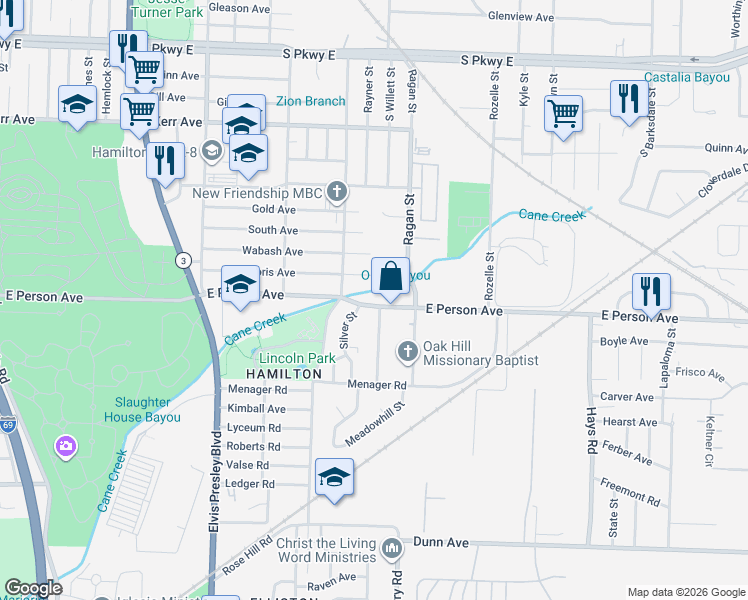 map of restaurants, bars, coffee shops, grocery stores, and more near 1660 Silver Street in Memphis