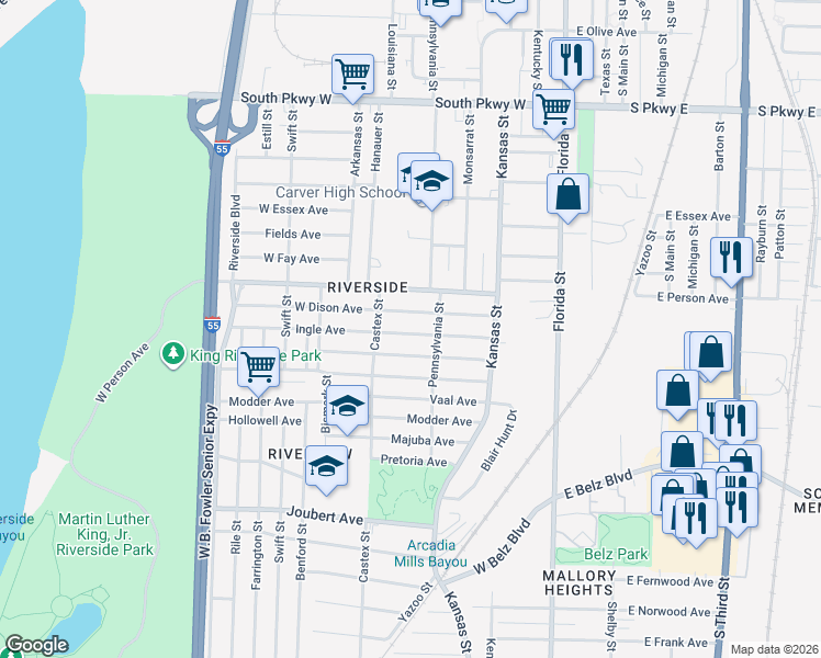 map of restaurants, bars, coffee shops, grocery stores, and more near 192 Kirk Avenue in Memphis