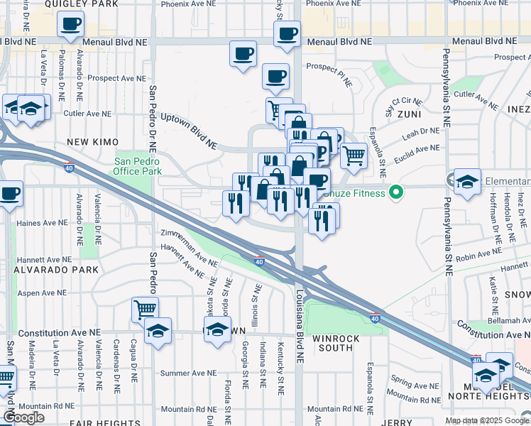 map of restaurants, bars, coffee shops, grocery stores, and more near 6565 Americas Parkway in Albuquerque