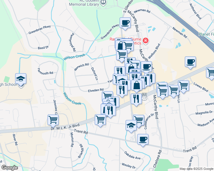 map of restaurants, bars, coffee shops, grocery stores, and more near 3600 Elveden Road in New Bern