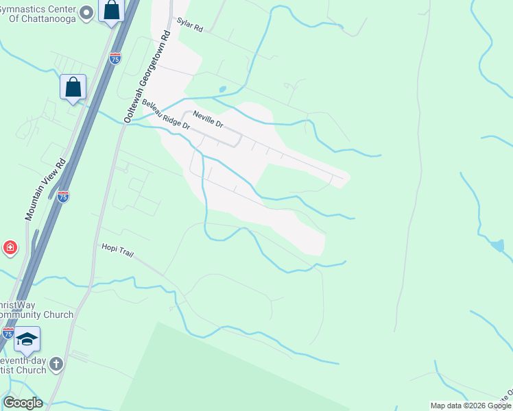 map of restaurants, bars, coffee shops, grocery stores, and more near 6501 Hideaway Road in Ooltewah