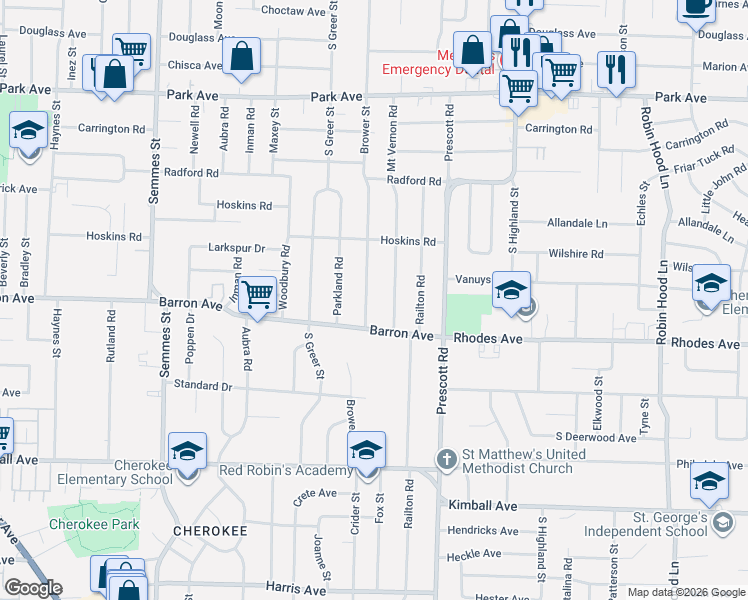 map of restaurants, bars, coffee shops, grocery stores, and more near 1156 Brower Street in Memphis
