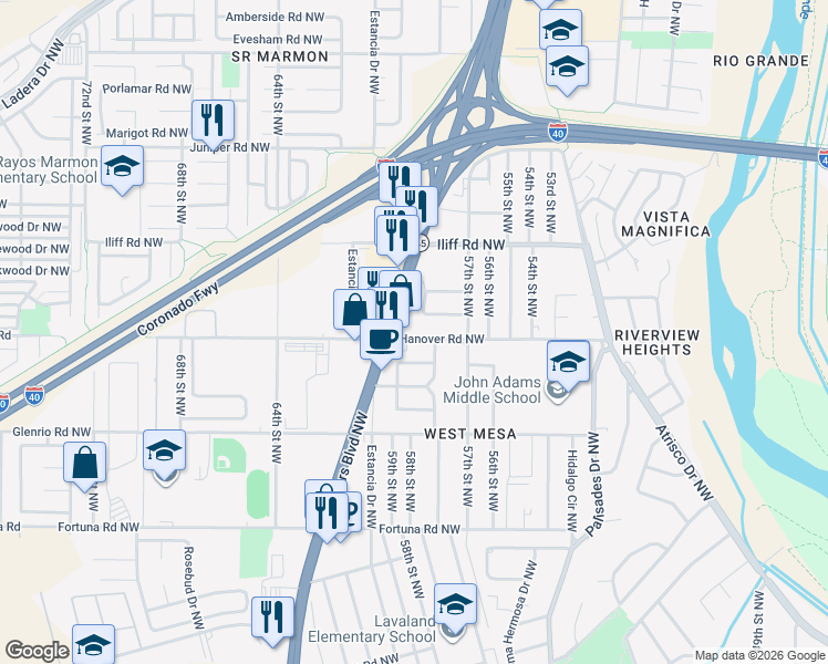 map of restaurants, bars, coffee shops, grocery stores, and more near 1215 Dolores Drive Northwest in Albuquerque