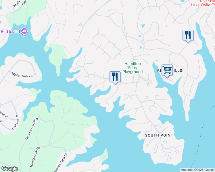 map of restaurants, bars, coffee shops, grocery stores, and more near 8 Hummingbird Court in Clover