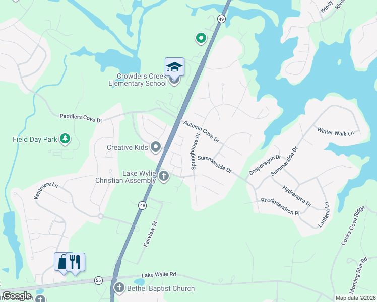 map of restaurants, bars, coffee shops, grocery stores, and more near 642 Springhouse Place in Clover